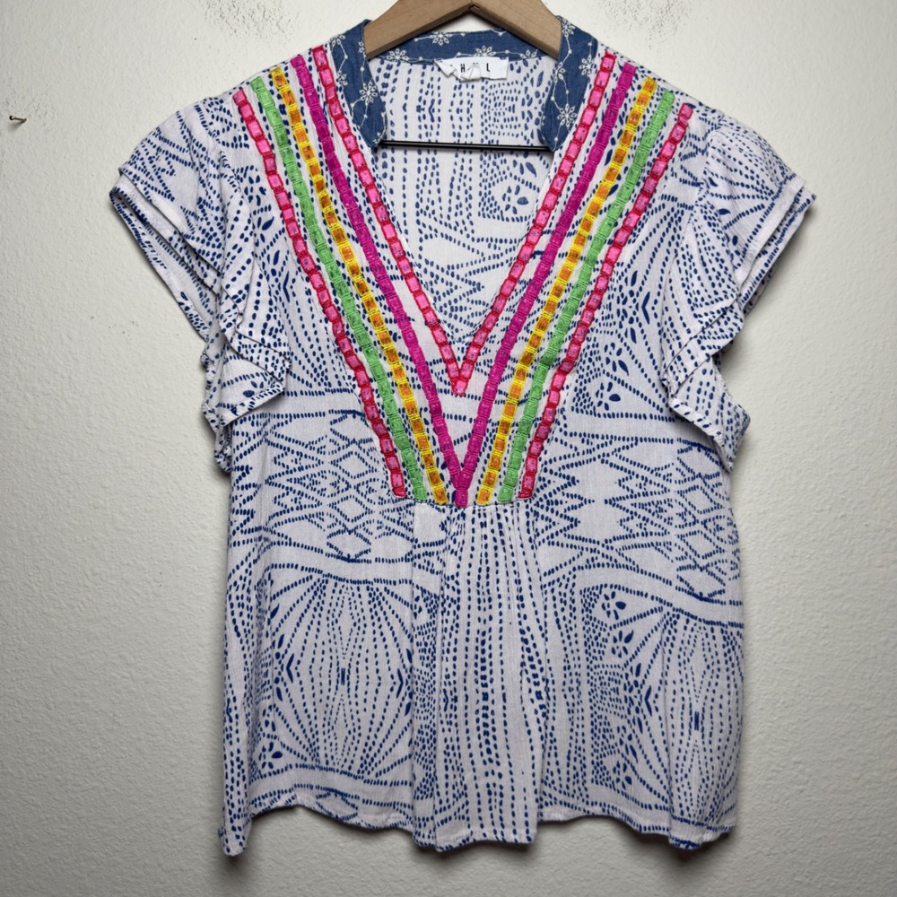 THML White & Navy Printed V-Neck Top with Pink, Yellow & Green Embroidery